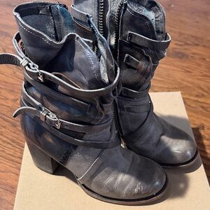 freebird Gray Leather Strappy Heeled Ankle Boots